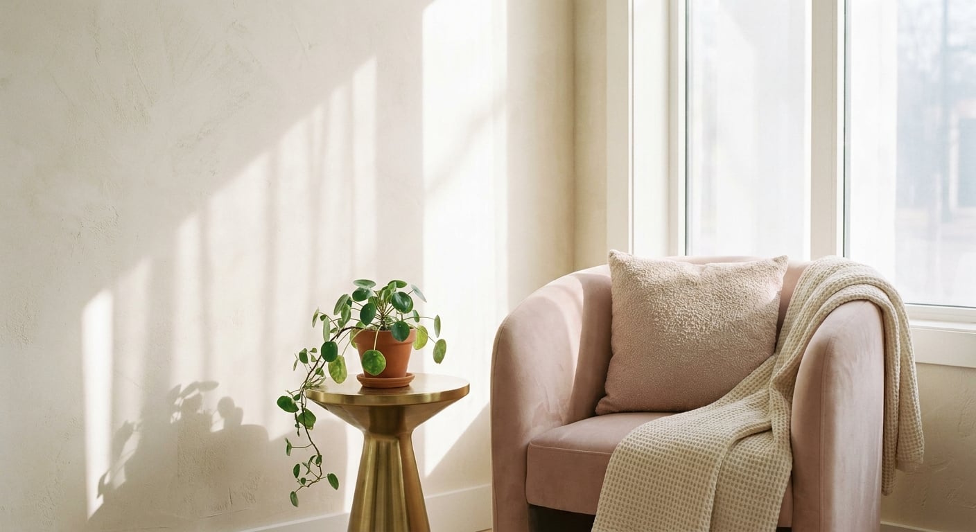 A pink armchair and a brass side table in the front room, with a plant on the table