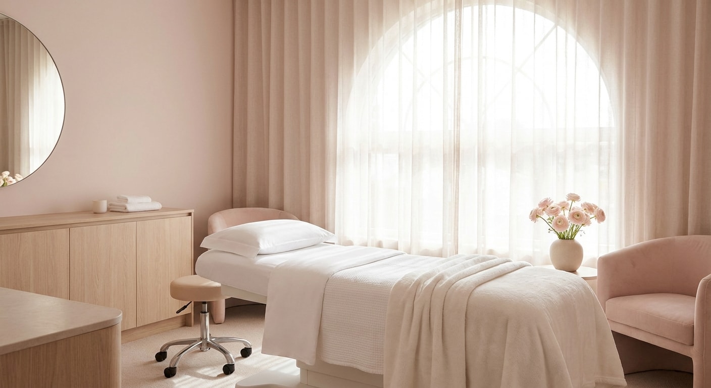 A treatment couch made up in white linen beneath a tall arched window, with a pink armchair beside it