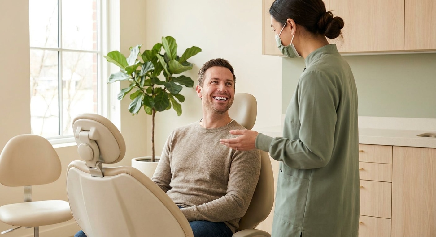 A patient sitting up in the chair, smiling, mid-conversation with the dentist