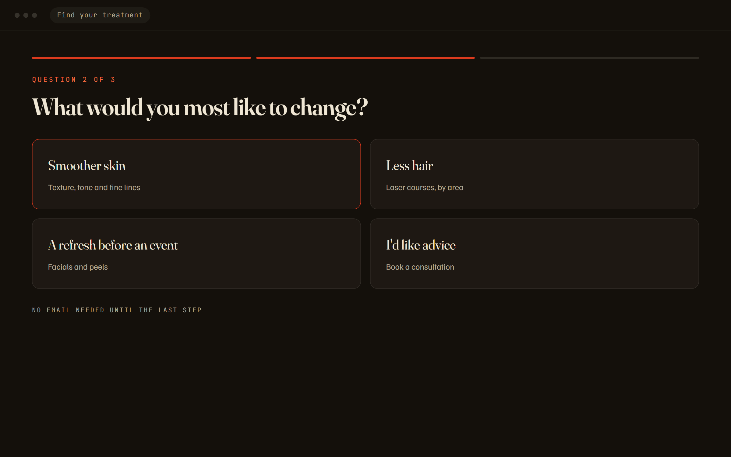 The recommendation quiz: question two of three, with four plain options