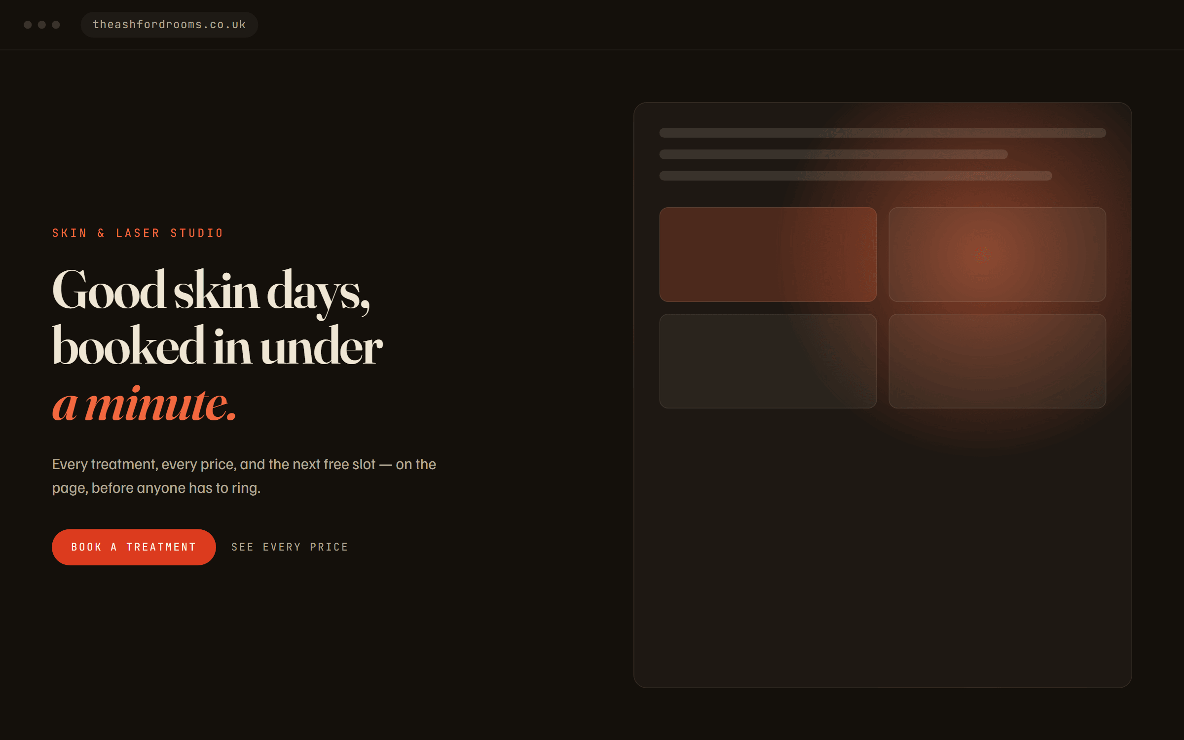 A finished homepage: headline, prices and a book button above the fold